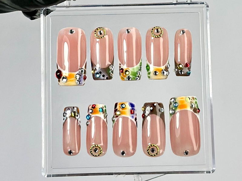 Glam Rhinestone Press On Nails by Dorynails | Nude & Colorful Gem Nail Set |Nude with Sparkle Gems Nail Art |French Tips Fake Nails|HC789YK