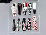 Gothic Clown Press On Nails by DoryNail | Horror Harlequin Fake nails | Creepy Cute Nail Art | Black Red White 3D Dolls Nails | HB806YK