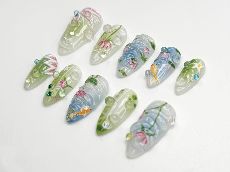 Water Garden Koi Press On Nails | Hand-Painted Koi Fish & Lotus Flowers | Zen Nature Art Nail Set | Calm Pond-Inspired Press Ons | JC798HC