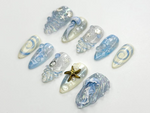 Ocean Dream Jellyfish Press On Nails | Blue Sea Fantasy Nail Art Set | 3D Shell & Starfish Nails | Handmade Oceanic Nail Design | JB782HC