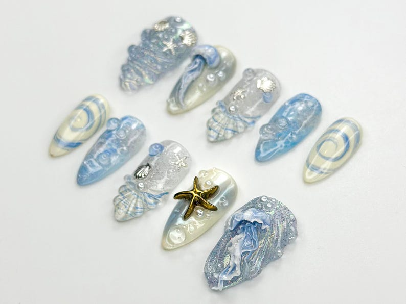 Ocean Dream Jellyfish Press On Nails | Blue Sea Fantasy Nail Art Set | 3D Shell & Starfish Nails | Handmade Oceanic Nail Design | JB782HC