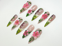 Garden Fantasy Press On Nails | 3D Pink Flower & Leaf Nails | Handmade Botanical Nail Art | Nature-Inspired | Vibrant Floral Nail | JC993HK