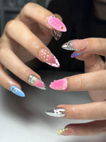 Glossy Press On Nails with Chrome Silver and Jelly Pink | Star Accent Pastel Nails in Almond Shape | Cute Nails | JC345NC