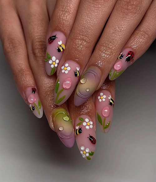Bee & Ladybug Garden Press On Nails | Spring Floral Tulip Nail Art | Pastel Ombre Flower Nail Design | Cute Garden Insect Nails | JC826HC
