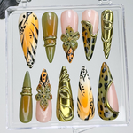 Jungle Safari Glam Press On Nails | Gold 3D Embellished Leopard Fake Nails | Olive & Mustard Animal Print Nail Art | Exotic Nails | HB733YK