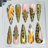 Jungle Safari Glam Press On Nails | Gold 3D Embellished Leopard Fake Nails | Olive & Mustard Animal Print Nail Art | Exotic Nails | HB733YK