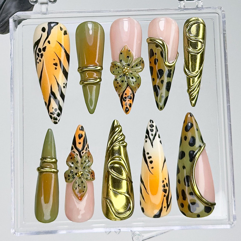 Jungle Safari Glam Press On Nails | Gold 3D Embellished Leopard Fake Nails | Olive & Mustard Animal Print Nail Art | Exotic Nails | HB733YK