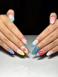 Pastel Ocean Press On Nails with 3D Flower and Seashell | Tropical Beach Nails in Almond Shape | Summer Vacation Nails for Holiday| HC1311NC