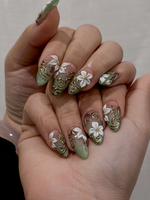 3D White Blossom Gold Press On Nails | Nude Green Luxury Stiletto Nails | Handmade Elegant Nail Art | Classic Luxury Press Ons | JB301EC