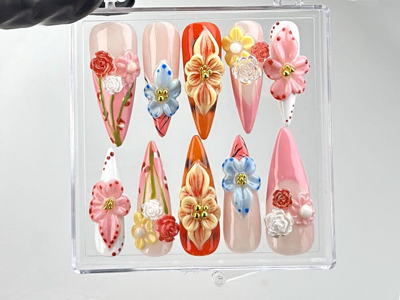 Luxurious 3D Flower Press On Nails | Bespoke Pink Flower Nail Art | Artisan Crafted Acrylic Nails | Jewels and Beads Nail Polish | HB633YK
