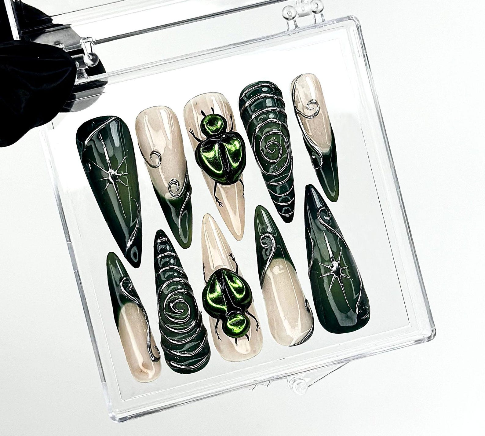 Gothic Green Press On Nails | Spider Web Nail Art | Dark Forest Vibes | Beetle 3D Design | Forest & Spider Web Details | HC963E