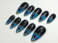 Stained Glass Heart Press On Nails | Blue Black Gothic Nail Art | Hand Painted Window Glass Design | Red Heart Accent Nails | JC846HC