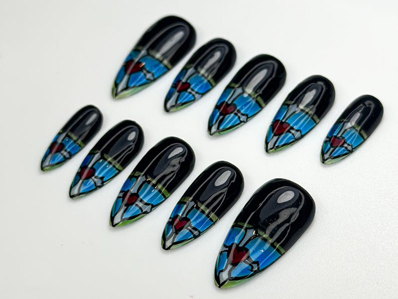 Stained Glass Heart Press On Nails | Blue Black Gothic Nail Art | Hand Painted Window Glass Design | Red Heart Accent Nails | JC846HC
