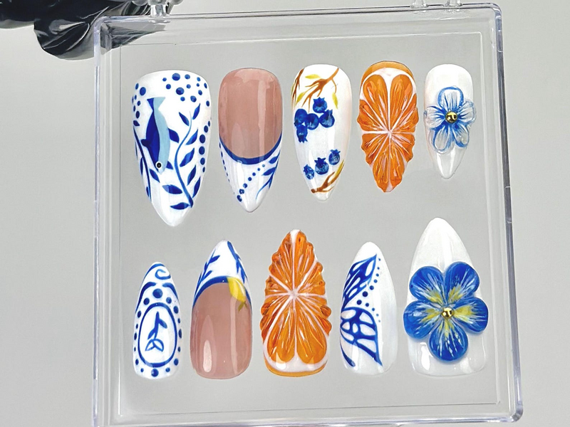 Porcelain Blue Floral Press On Nails | Oriental Ceramic Fake Nails | Orange Blossom Nail Art | Butterfly Citrus Nails | Luxury Nails|HB903YK