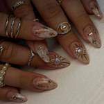 Luxury Nude Gold Almond Nails | Nude & Gold Celestial Nail Set | Handmade Chrome Swirl Nails | Elegant Cosmic Nails | JC792H