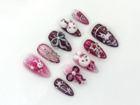 Gothic Bunny Dream Press On Nails | Red And Pink Festive Nail Art | 3D Bunny & Bow Charms | Starry Holiday Glam Nails | HB1177BC