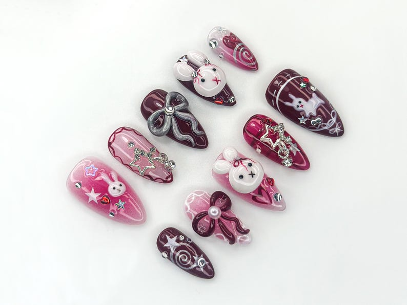 Gothic Bunny Dream Press On Nails | Red And Pink Festive Nail Art | 3D Bunny & Bow Charms | Starry Holiday Glam Nails | HB1177BC