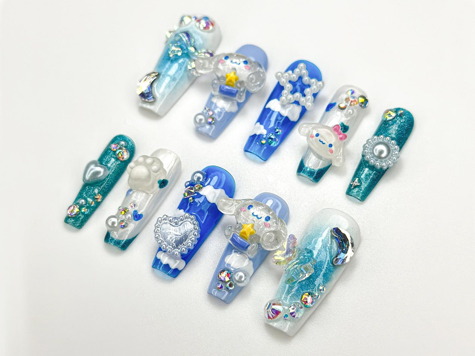 Kawaii Puppy Cloud Press On Nails | Blue Sky Nail Art | 3D Cloud & Star Resin Nails | Dreamy Pup-Inspired Press Ons | Cute Nails| JB925HC