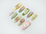 Green Garden Press On Nails | 3D Floral Accents, Ladybug Charms & Whimsical Pastel Nail Art | Handmade Nature-Inspired Nail Set | JB123EC