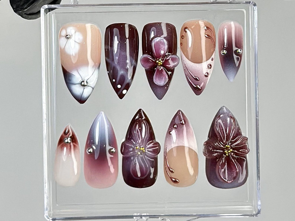 Luxury Purple Press On Nails | Glossy Ombre Press Ons | Deep Burgundy Fake Nails | 3D Blossom Nail Art | Long Almond Nails | HB746YK