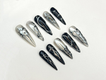 Black Silver Chrome Press On Nails | Gothic Metallic Nail Art | Winter Armor Nails | Holiday Party Nails | Handmade Gift Set | JC1193BK