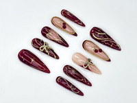 Wine Red Fall Press On Nails | Burgundy & Gold Nail Art | Autumn Holiday Nails | Handmade Glam Nail Set | Elegant Long Nails | JC1137BC