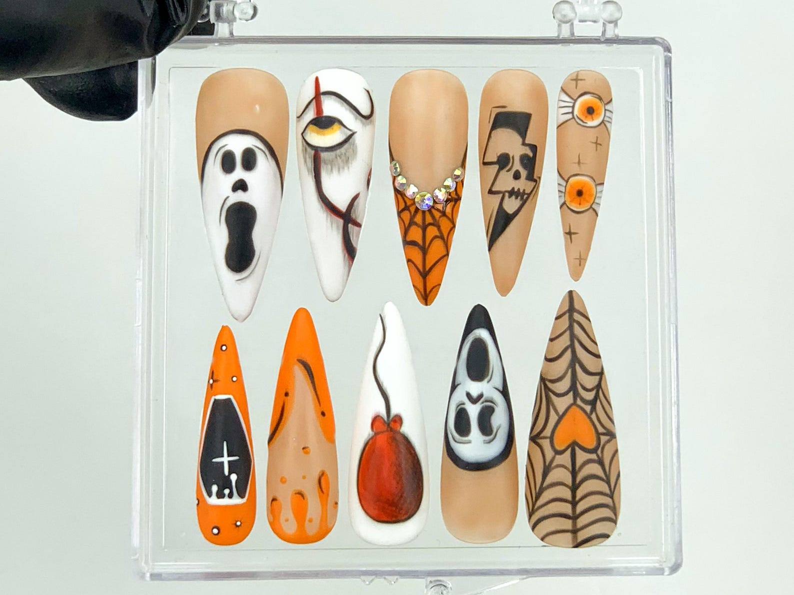 Gothic Halloween Press On Nails | Creepy Orange and Black Fake Nails | Unique Halloween Acrylic Nails | Ghost and Skull Nail Art | HB564YK