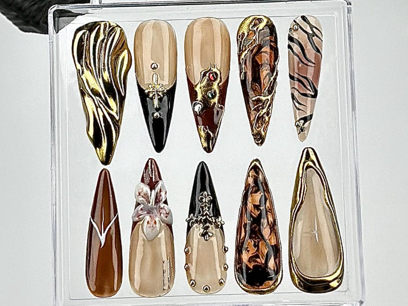 Black & Gold Marble Press On Nails | Leopard Print, Brown Fake Nails | Nature-Inspired Designs Nail Art | Edgy Gothic Nails | HB694YK