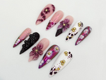 Elegant Purple Floral Press On Nails | Long Stiletto Floral Nail Design | Purple & Gold Nail Art | Gold Floral Press On Nail Set | JB682H
