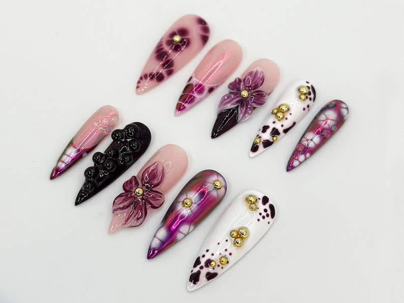 Elegant Purple Floral Press On Nails | Long Stiletto Floral Nail Design | Purple & Gold Nail Art | Gold Floral Press On Nail Set | JB682H