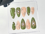 Elegant Green and Gold Press On Nails | Gold Sunburst and Pearl Accented Fake Nails | Custom Green Pearl Nail Art | Luxury Nails | HC740YC