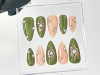Elegant Green and Gold Press On Nails | Gold Sunburst and Pearl Accented Fake Nails | Custom Green Pearl Nail Art | Luxury Nails | HC740YC