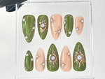 Elegant Green and Gold Press On Nails | Gold Sunburst and Pearl Accented Fake Nails | Custom Green Pearl Nail Art | Luxury Nails | HC740YC
