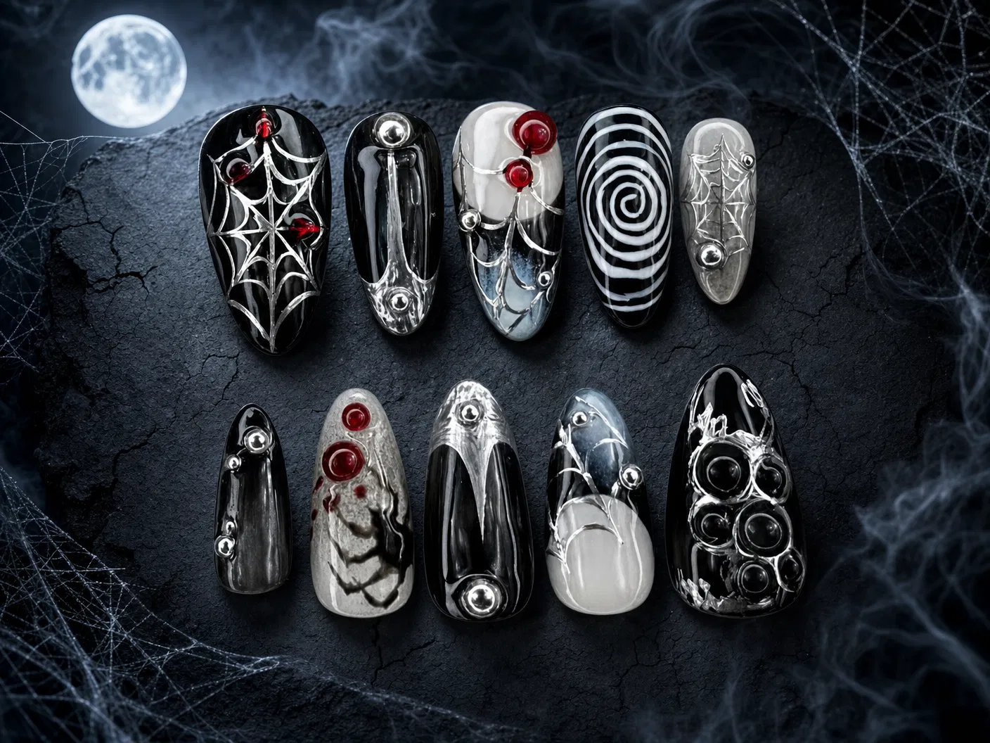 Dark Obsidian Eye Press-On Nail Set – Silver Chrome Gothic Cyber Punk Nails/006