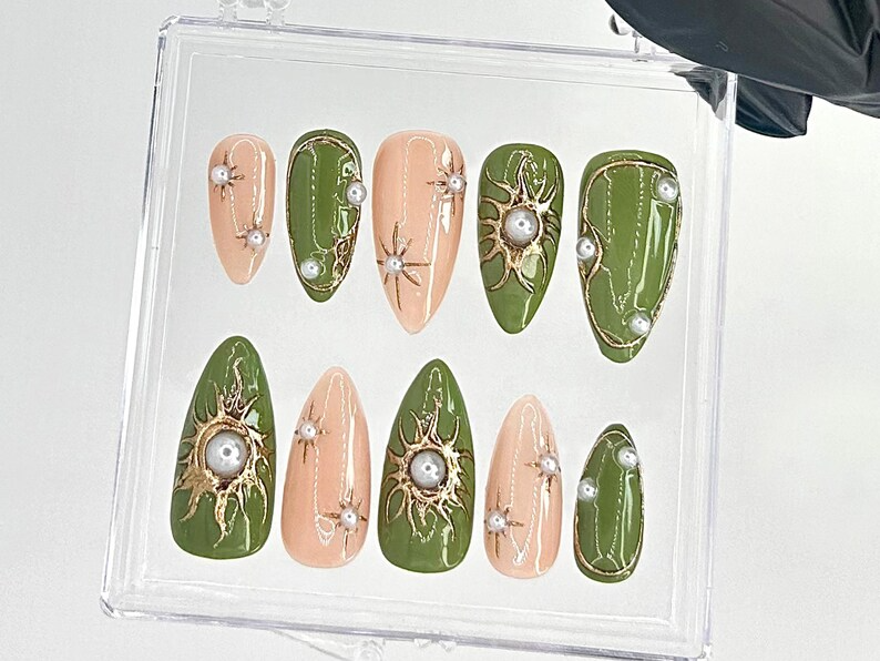 Elegant Green and Gold Press On Nails | Gold Sunburst and Pearl Accented Fake Nails | Custom Green Pearl Nail Art | Luxury Nails | HC740YC