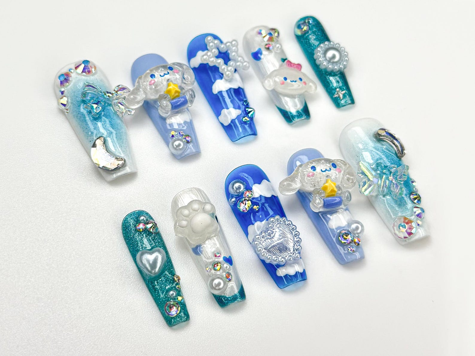 Kawaii Puppy Cloud Press On Nails | Blue Sky Nail Art | 3D Cloud & Star Resin Nails | Dreamy Pup-Inspired Press Ons | Cute Nails| JB925HC