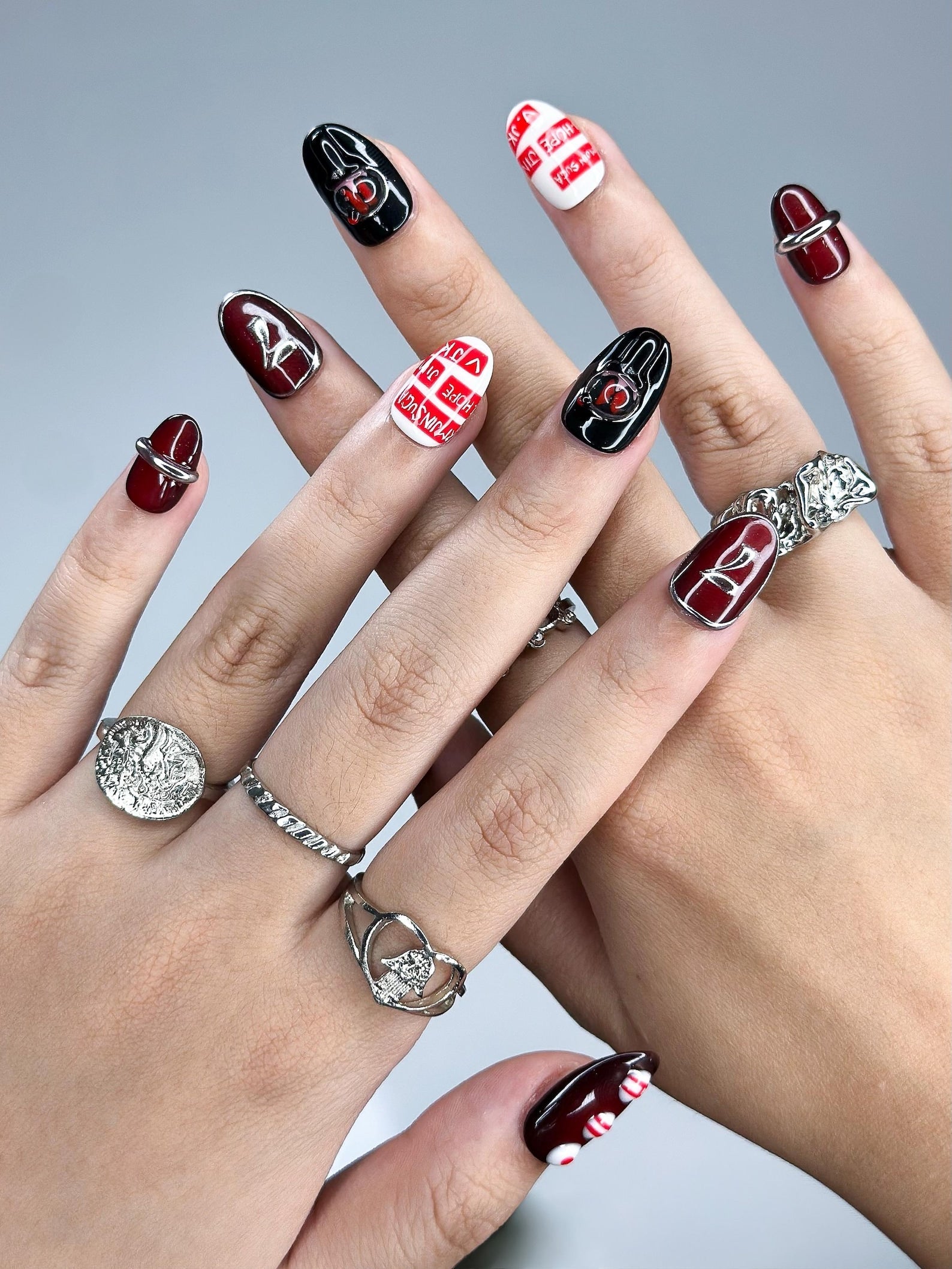 Kpop Inspired Arirang Spirit Nails | 7 Spirit Cupid Voyage Press Ons | Red White Silver 3D Chrome Nails | Fandom Concert Nails | JB359IC