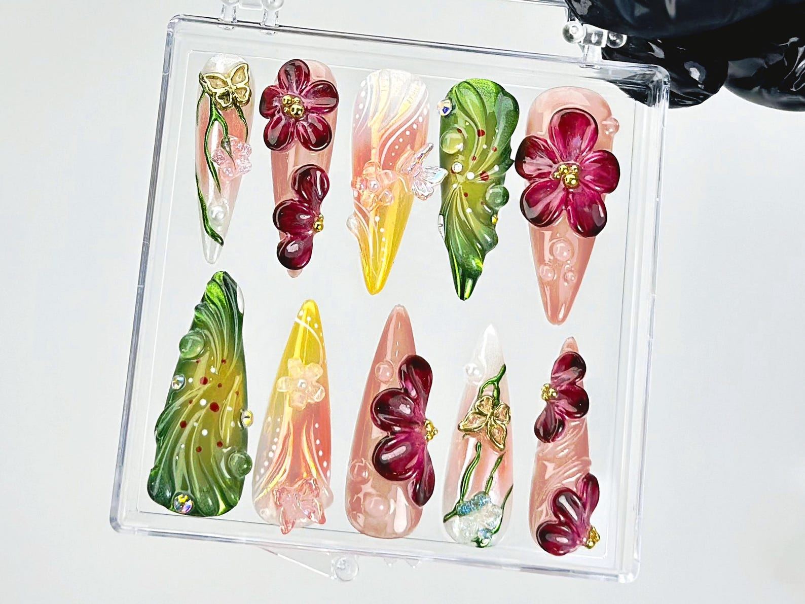 Enchanted Bloom Press On Nails | Fairy Forest 3D Fake Nails | 3D Forest Flower & Leaf Nail Art | Green Ombre Nature Tips Press Ons | HB902YK