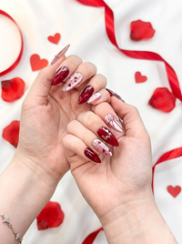 Valentine?M¨´¨¹ Day Heart Press On Nails | Red & Pink Romantic Nail Set | Handmade Gift for Girlfriend | Elegant Stiletto Fake Nails | HC999GC