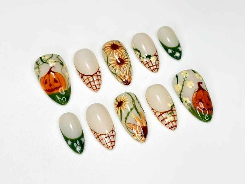 Autumn Pumkin Press On Nails | Pumpkin Sunflower Nail Art | Fall Rustic Farm Nails | Handmade Long Stiletto Nails | HC1087HC