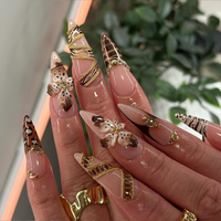 Leopard Gold Floral Press On Nails | 3D Animal Print Nail Art | Golden Bead Glam Nails | Handmade Exotic Press Ons | Fashion Nails | JC841H