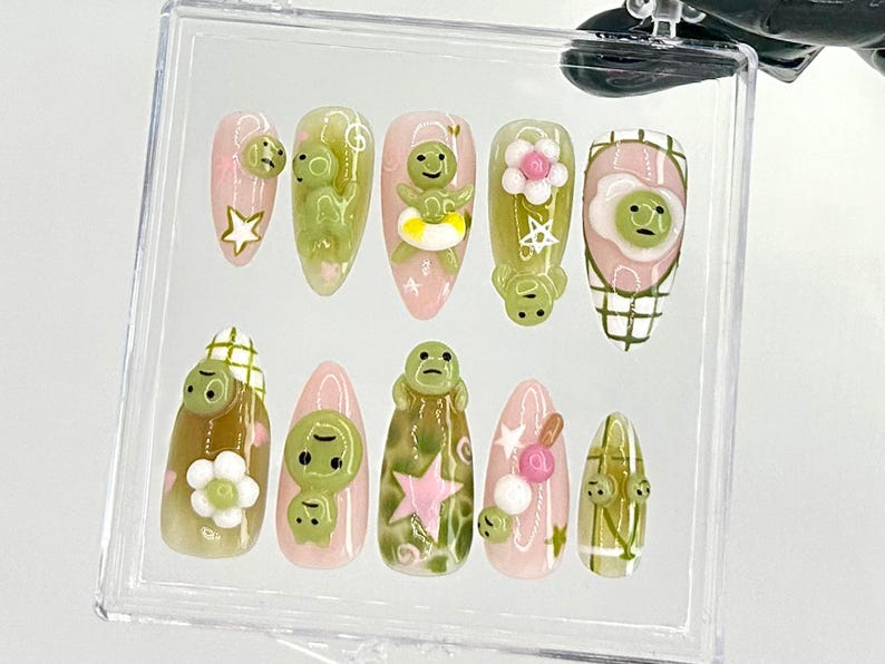 Cute Smiski Frog Almond Nails | Custom Smiski Inspired Design Nail Art | Kawaii Smiski Fake Nails | Cute and Playful Design Nails | HC725YK