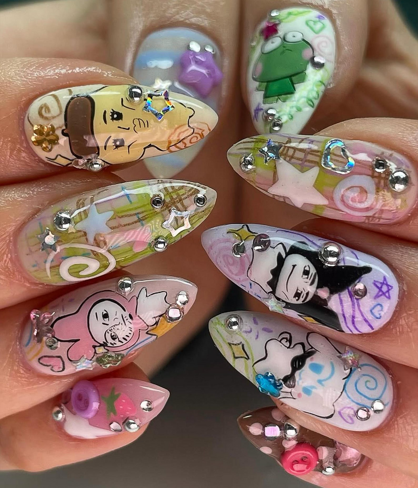 Whimsical Cartoon Pop Press On Nails | Playful Character Nails | Colorful 3D Kawaii Nail Design | Playful Mixed Media Nails | JB779HC