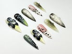 Elegant Green Bloom Press On Nails | 3D Black White Floral Nails | Handpainted Nature Nail Art | Green Ombre & Dot Accent Nails | JC101HK