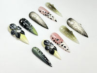 Elegant Green Bloom Press On Nails | 3D Black White Floral Nails | Handpainted Nature Nail Art | Green Ombre & Dot Accent Nails | JC101HK