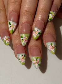 Soft Lily Floral Press On Nails for Spring | Pink Green Flower Nails | Lilies Nail Art | Botanical Press Ons | Romantic Spring Nail| JB294HC