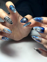 Galaxy Gothic Press On Nails | Dark Blue Chrome Cat Eye Nails | Celestial Star Night Nail Art | Handmade Cosmic Gel Nails | JB328IC