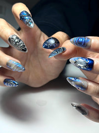 Galaxy Gothic Press On Nails | Dark Blue Chrome Cat Eye Nails | Celestial Star Night Nail Art | Handmade Cosmic Gel Nails | JB328IC
