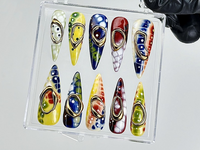 Bold Multicolor Marble Press On Nails |Abstract Gold Accent Fake Nails |Unique Artistic Nail Art |Retro Pop Art Nails |Luxury Nails |HB899YK