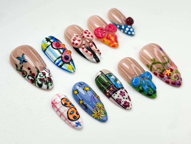 Pop Art Press On Nails | Funky Cartoon Mixed Pattern Nails | 3D Cute Bug & Ribbon Nail Art | Playful Art Press Ons | Cute Cartoon | JB804HC